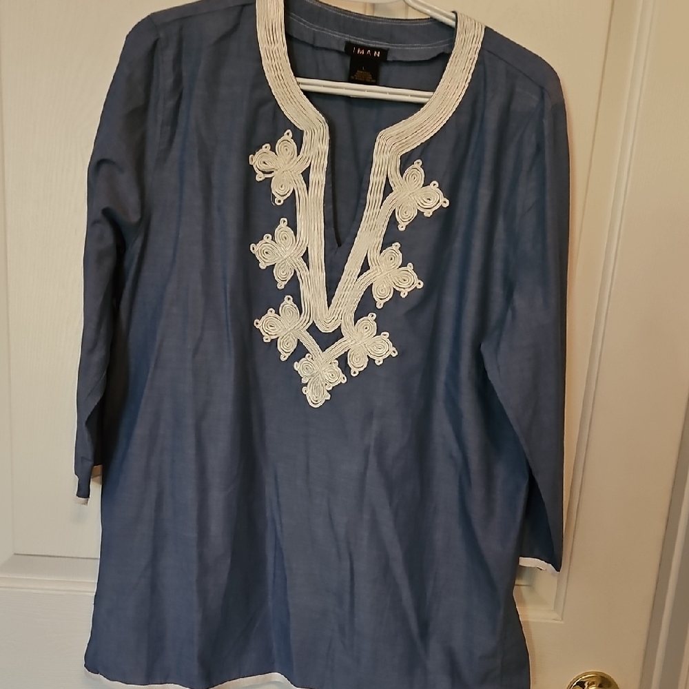 IMAN Blue Embellished Boxy Tunic with Mandarin Collar